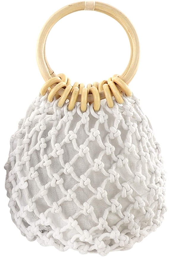 Women Mini Clutch Tote Handbag Top-handle Bucket Drawstring Handbag Beach Woven Handmade Fishing Net Bag Pouch Purse