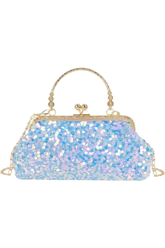 Women Mini Glitter Sequin Evening Handbag Clutch Metal Top-handle Bag Chain Strap Cross-body Bag