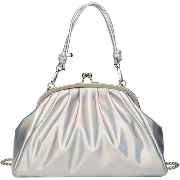 HMSHA Women's Cloud Pouch Bag Shiny Dumpling Crossbody-Soft Leather Fashion Ruched Handbag Kiss Lock Purse Shoulder Bag