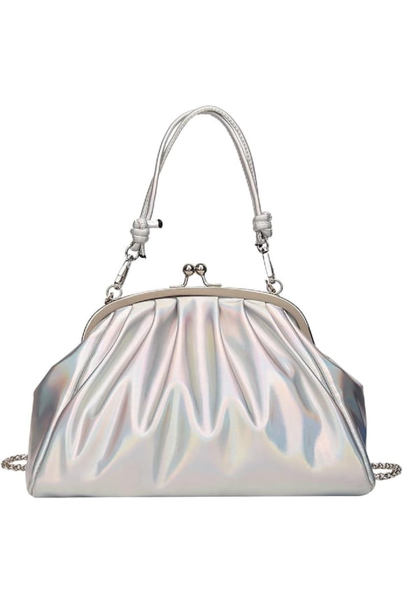 Women's Cloud Pouch Bag Shiny Dumpling Crossbody-Soft Leather Fashion Ruched Handbag Kiss Lock Purse Shoulder Bag