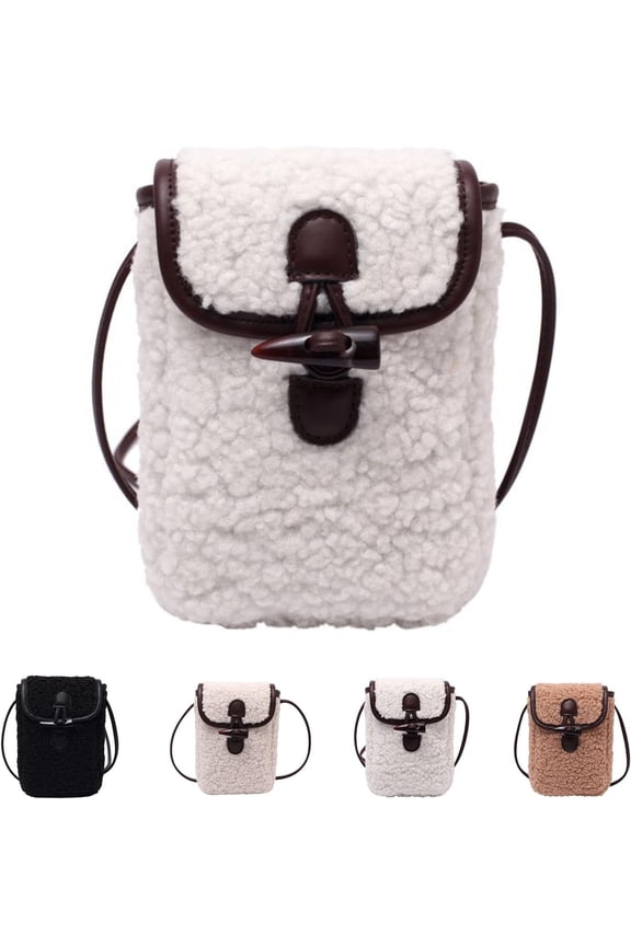 Women's Sherpa Cellphone Crossbody Purse, Teddy Fleece Small Shoulder Bag, Winter Trendy Phone Wallet