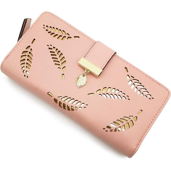HMSHA Women's Short Purse Leather Medium Wallet Leaf Bifold Card Coin Holder Small Purses Buckle Zipper Clutch