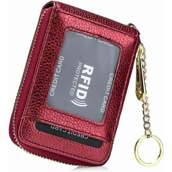 HMSHA Womens Credit Card Wallet Small RFID Blocking Wallet Soft Genuine Leather Card Holder with Keychain and ID Window