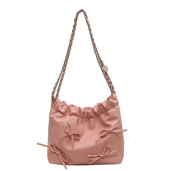 HMSHA Y2K bow decor crossbody bag, trendy drawstring bucket bag, women shoulder bag with chain strap