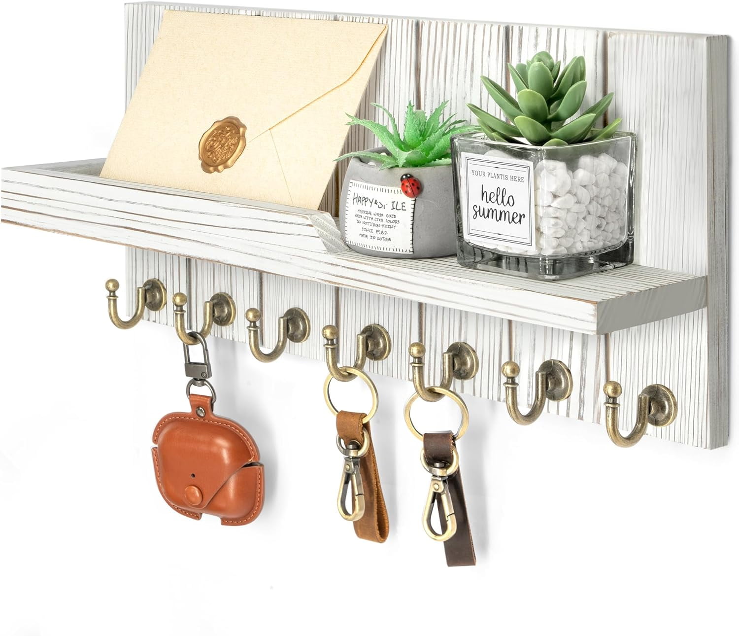 Whitewash Wood Wall-Mounted Key Holder with 7 Hooks