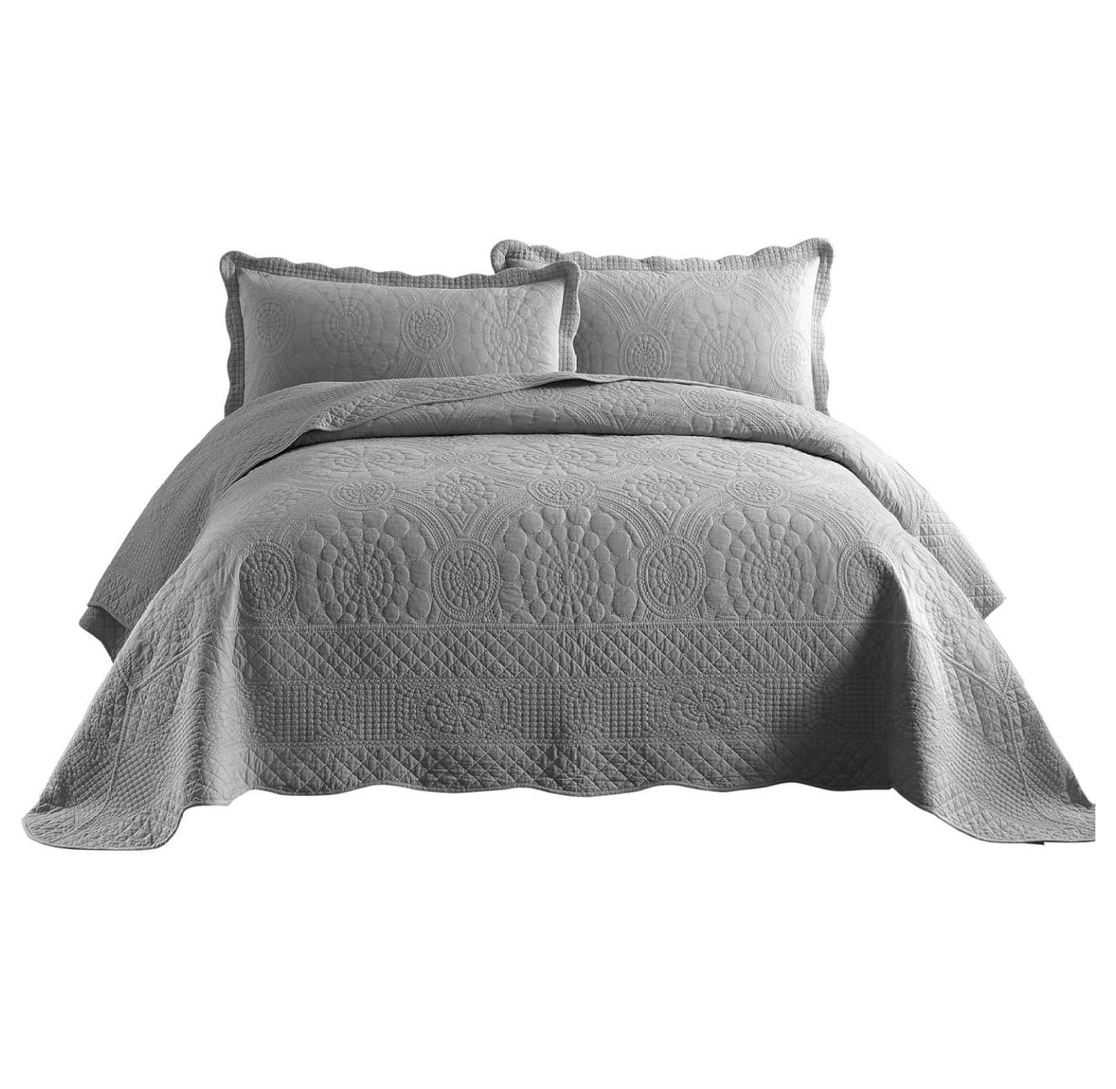 Light Grey Cotton Queen Oversized Quilt Bedspread Set