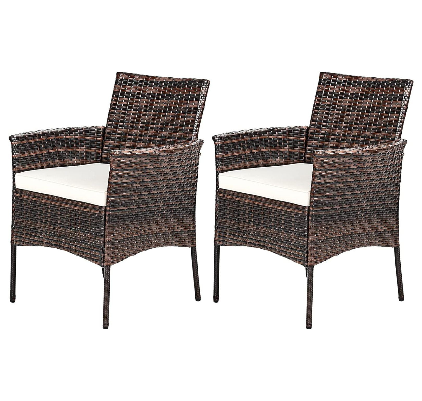 Brown Wicker Outdoor Dining Chairs with Cushions, Set of 2