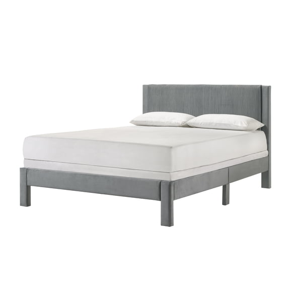 HMYG Full Contemporary Platform Bed with Ribbed Upholstered Headboard, Light Gray