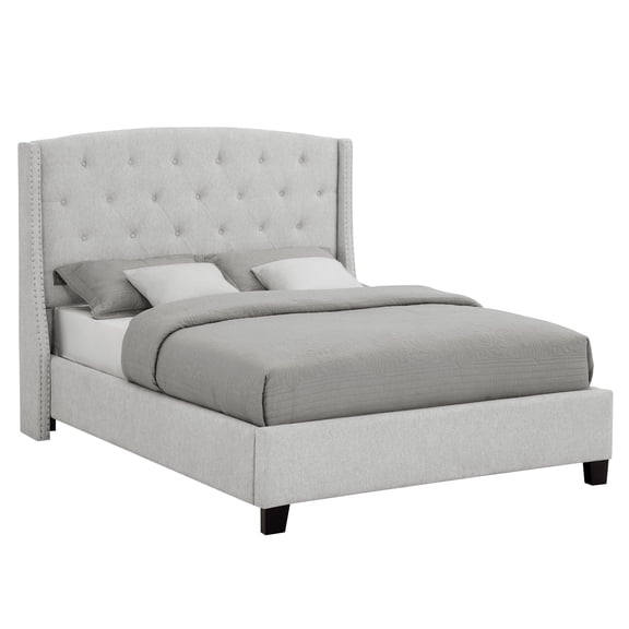 HMYG 1pc Queen Size Upholstered Panel Bed Button Tufted Nail head Dove Gray Wood Fabric Bedroom Furniture