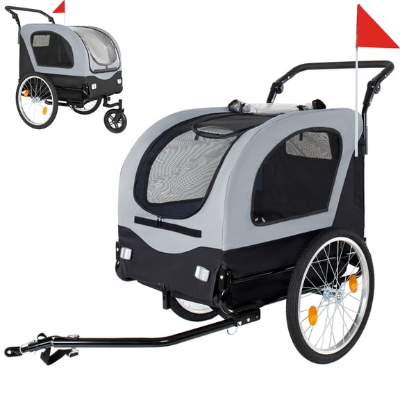 HMYG 2-in-1 Bike Trailer Pet Stroller for Dogs up to 110lbs–Foldable Pet Carrier Cart with Front Caster 20''Quick Release Air-Filled Wheels,Breathable Mesh and PVC Rain Cover,Gray