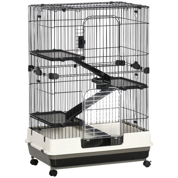 HMYG 4-Level Small Animal Cage Rabbit Hutch with Wheels,Removable Tray,Platform and Ramp for Bunny,Chinchillas,Ferret,Black