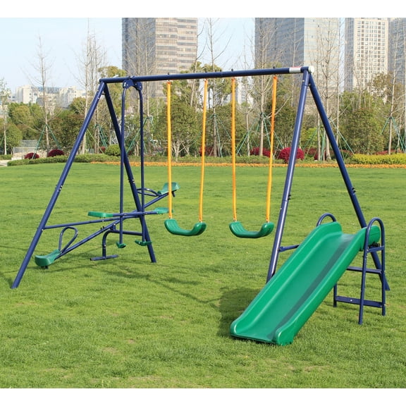 HMYG 4 in 1 Swing Set With Seesaw,Belt Swing,Slide,Glider for Backyard