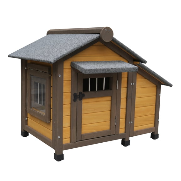 HMYG 45 Inch Solid Wood Dog House,Cozy Outdoor Shelter for Medium Small Dogs with Lockable Ventilated Door,Waterproof Insulated Felt Roof Charming Design