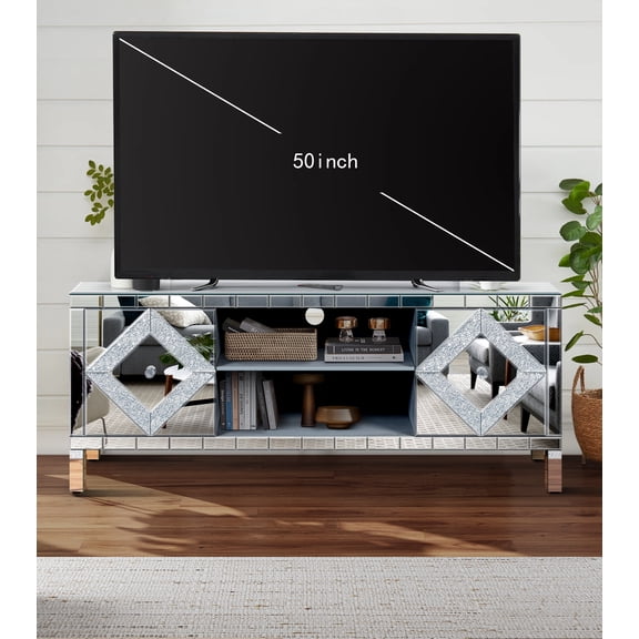 HMYG 47" Mirror TV Media Console with Diamond Glass Door Dual Door Design and Open Storage Space Compatible with 50" TV Modern Decor for Living Room Bedroom