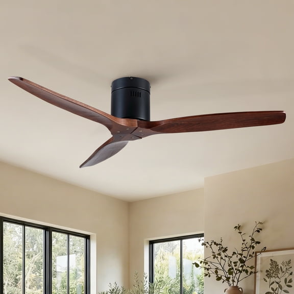 HMYG 52 inch Indoor Farmhouse Rustic Ceiling Fan Matte Black with 3 Solid Wood Blade Remote Control Reversible DC Motor