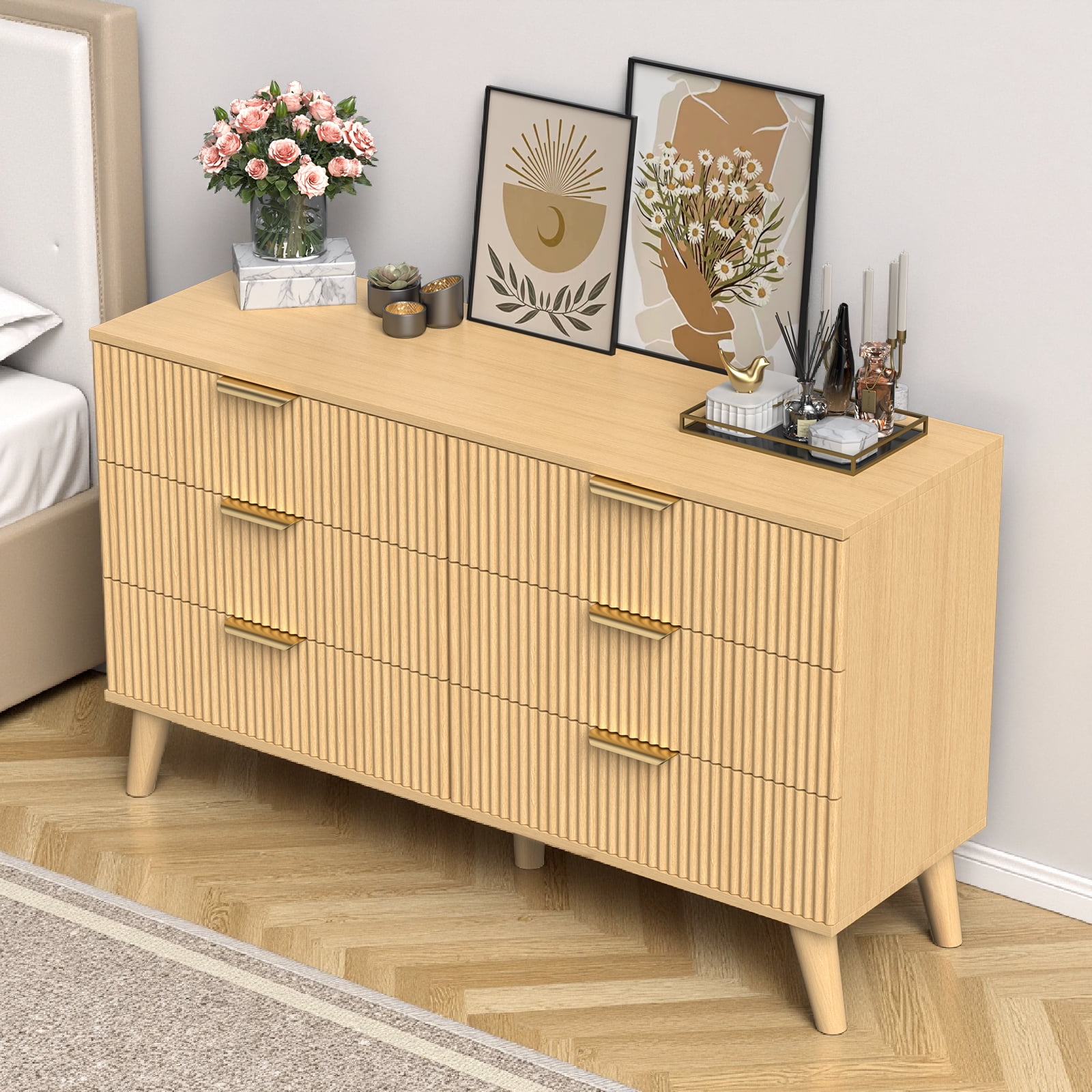 HMYG 6-Drawer Dresser for Bedroom, Fluted Wooden Chest of Drawers for ...