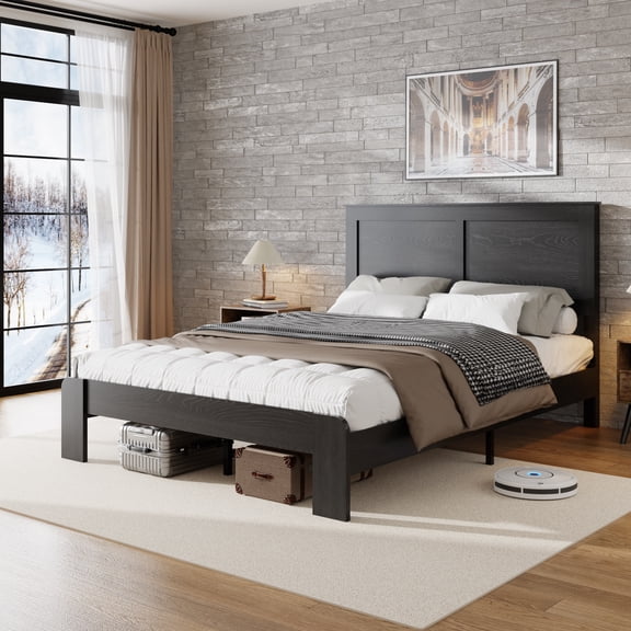 HMYG Bed Frame Full Size,Wood Platform Bed Frame,Noise Free,No Box Spring Needed and Easy Assembly Tool,Large Under Bed Storage,Dark Black