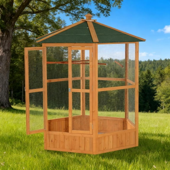 HMYG Bird Cage 69" Wooden Hexagonal Outdoor Aviary Flight Bird Cage