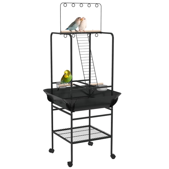 HMYG Bird Stand with Wheels,Parrot Stand with Perches,Stainless Steel Feed Bowls,Pull-Out Tray,Toy Hanger,Bird Play Stand for Indoor Outdoor Small Parrot,Dark Gray