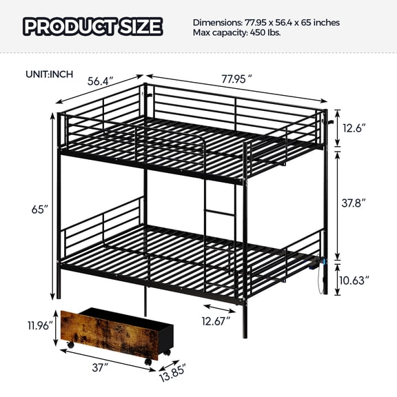 HMYG Metal Bunk Bed with USB Charging, Splits into 2 Beds, Guardrails and Ladders, Black