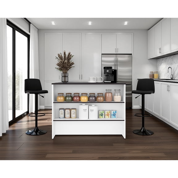 HMYG Central Kitchen Island with Modern Design, Ample Storage Space, Black and White