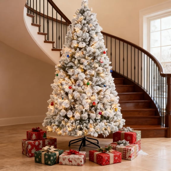 HMYG Christmas Tree,Flocked Artificial Christmas Tree with Clear Lights,Tips,Metal Stand for Home
