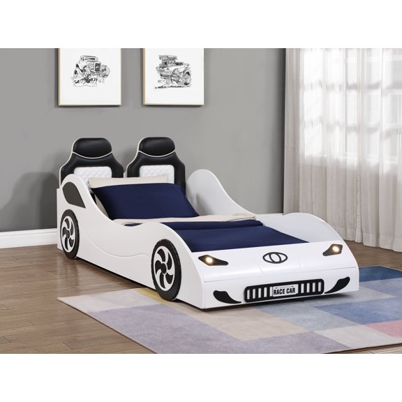 HMYG Colen White Finish Twin Car Bed with LED
