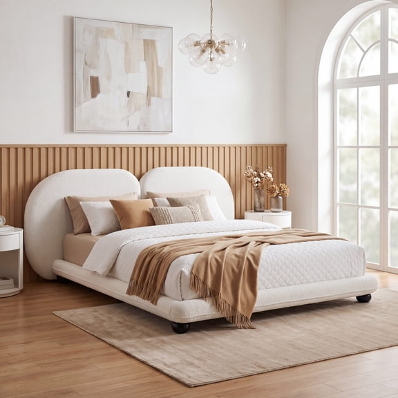 HMYG Extra Thick Upholstered Platform Bed Frame with Luxury Split Headboard,Teddy Fleece Fabric,800 lbs Heavy Duty,Easy Assembly,White,King