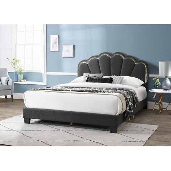 HMYG Full Bed with Floral Design Headboard and LED, Charcoal