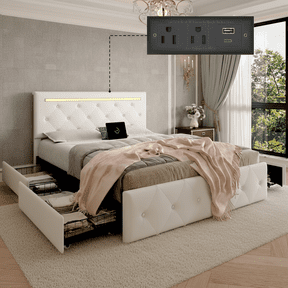 HMYG Full Upholstered Bed Frame with LED Lights, 4 Drawers, Adjustable Headboard, Charging Station and Diamond Crystal Button, White