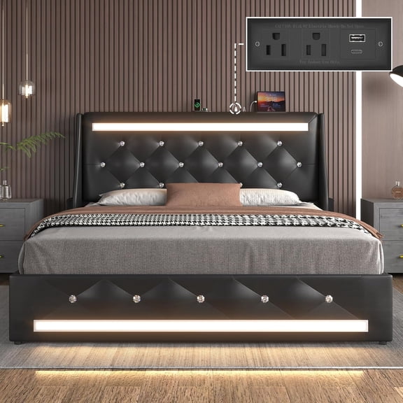 HMYG Full Upholstered Platform Bed with LED Lights, Charging Station, Diamond Headboard and Wooden Slats, Black