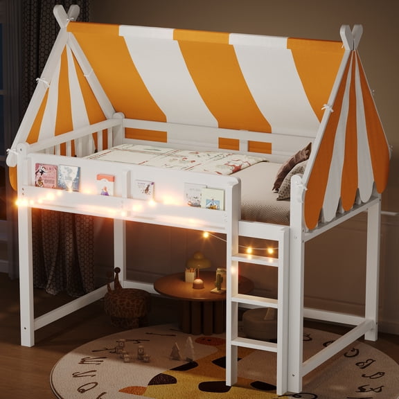 HMYG Full Loft Bed with Canopy and LED Bookshelf, White