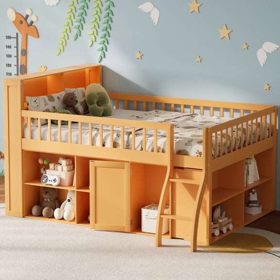 HMYG Full Size Loft Bed with Storage,Headboard with LED Light,Natural