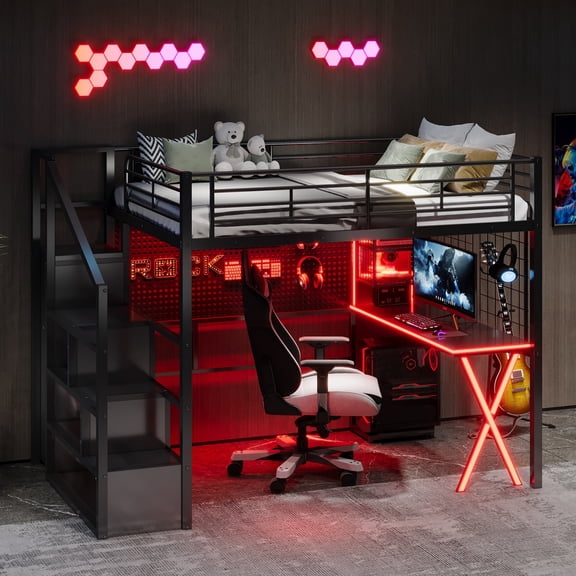 HMYG Full Metal Loft Bed with Work Station, Wardrobe, Storage Staircase and LED, Black
