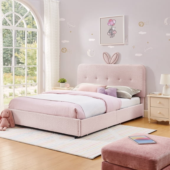 HMYG Full Upholstered Bed with Oversized Rabbit Ear Headboard, LED Lights and 4 Drawers, Fabric