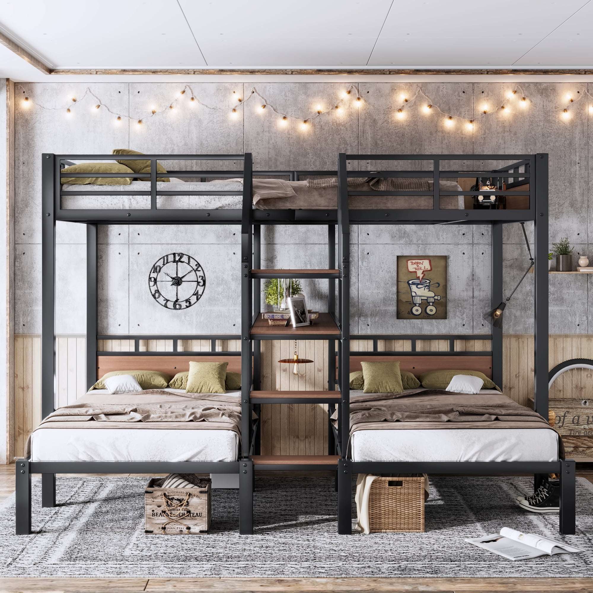 HMYG Full XL over Twin over Twin Metal Triple Bunk Bed with Storage