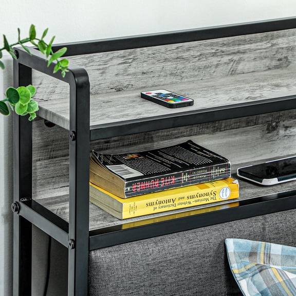 HMYG Full Upholstered Platform Bed Frame with Storage Headboard, LED Lights, Charging Station and Steel Slats, Cement Gray