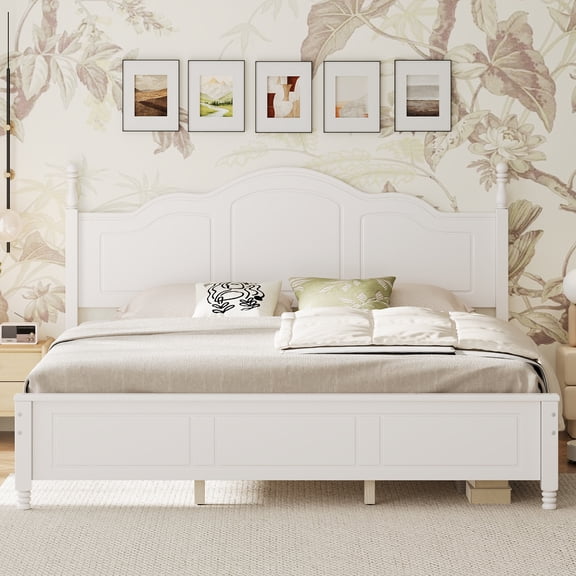 HMYG King Platform Bed with Retro Wave Headboard, Wood Slat Support, No Box Spring, White