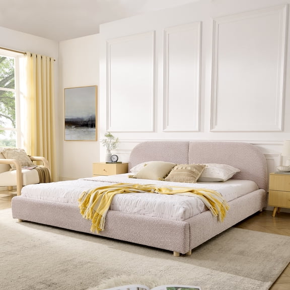 HMYG King Size Upholstered Bed Frame,Modern Minimalist Style with Tall Curved Headboard,Premium Circle Yarn Fabric Sturdy Leg Support,Mattress Not Included-Pink