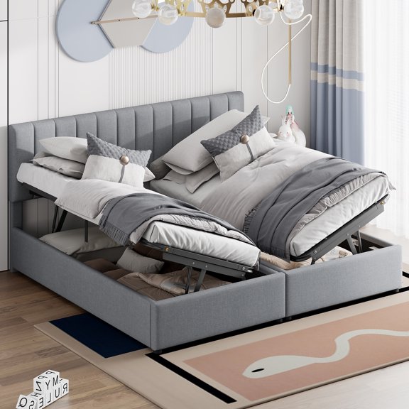 HMYG King Upholstered Platform Bed with Hydraulic Storage, Gray