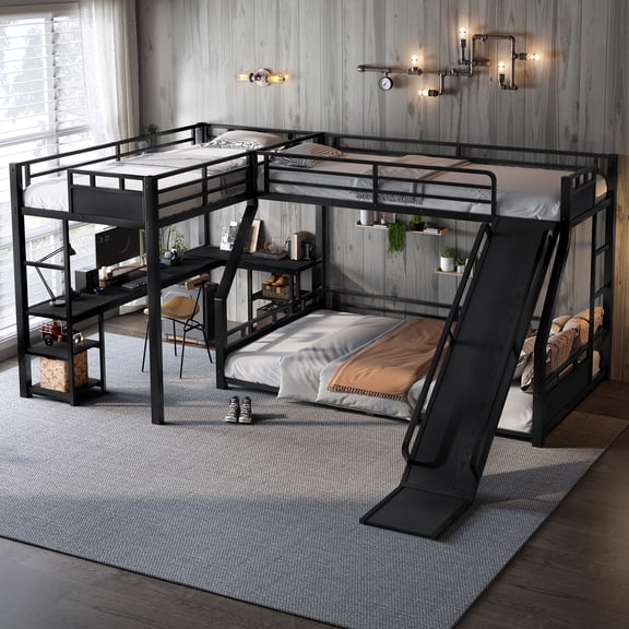 HMYG L-Shaped Metal Triple Bunk Bed with Twin XL over Queen, Desk, Shelves, USB Charging and Slide, Black