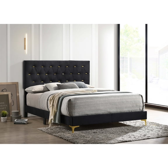 HMYG Lexie Black/Gold Diamond Tufted King Panel Bed