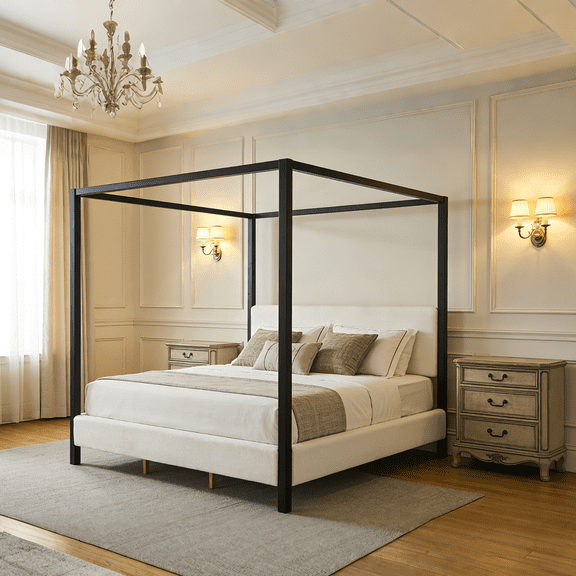 HMYG Modern Black Metal Canopy Bed with Plush White Bouclé Upholstery,King