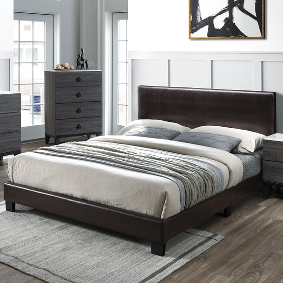 HMYG Queen Modern Faux Leather Upholstered Bed with Adjustable Headboard, Brown