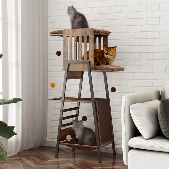 HMYG Modern Cat Tree,58-Inch Cat Tower for Large Cats,Maine Coon Cat Tree with Scratching Board,Large Perch,Hammock and Removable Pads,Rustic Brown