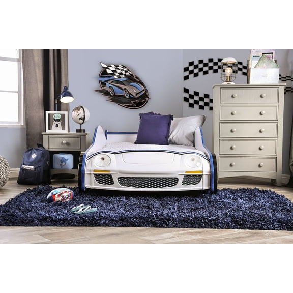 HMYG Twin Police Car Design Bed with LED Lights and Metal Structure, Blue and White