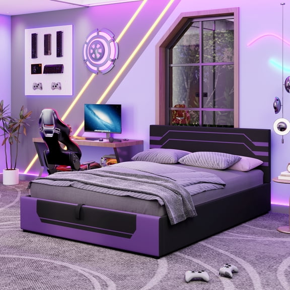 HMYG Modern Queen Size Hydraulic Storage Gaming Bed Frame,Esports Design with Cyberpunk Aesthetics,Platform Bed for Gamers Gen Z ,Black+Purple