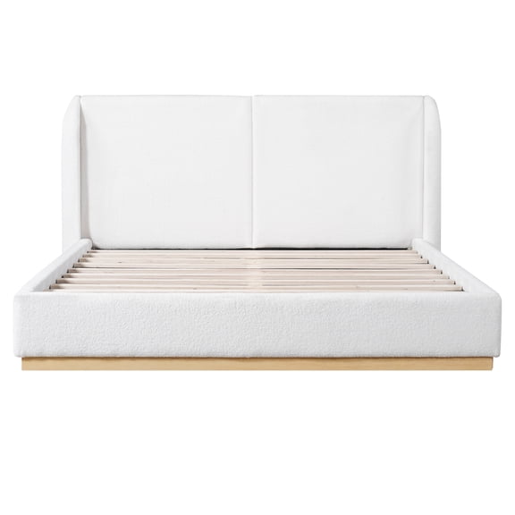 HMYG Queen Bouclé Winged Bed Frame with Enclosed Wood Base, White