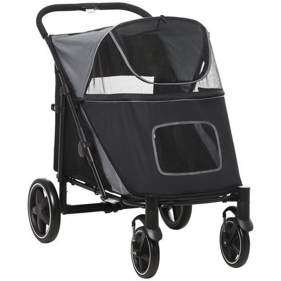 HMYG One-Click Foldable Doggy Stroller for Medium Large Dogs,Pet Stroller with Storage,Smooth Ride with Shock Absorption,Mesh Window,Safety Leash,Big Dog Walking Stroller,Gray