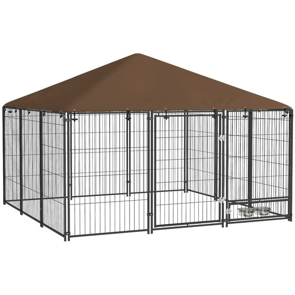 HMYG Outside Dog Kennel,6.9'x6.9'x5' Puppy Play Pen with Canopy,Garden Playpen Fence Crate Enclosure Cage Rotating Bowl,Coffee